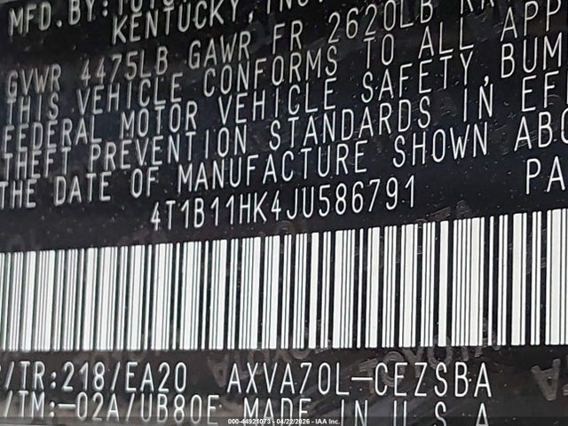 4T1B11HK4JU586791 Toyota CAMRY SE