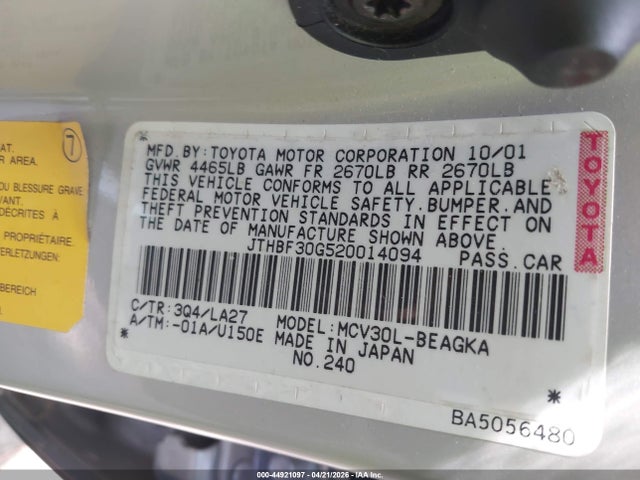 Aukcja sprzedaży 2002 Lexus Es 300, vin: JTHBF30G520014094, numer aukcji: 44921097