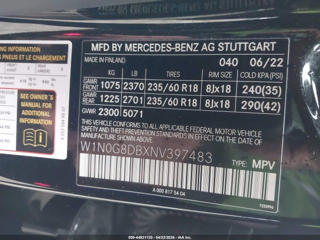 Aukcja sprzedaży 2022 Mercedes-benz Glc 300 Suv, vin: W1N0G8DBXNV397483, numer aukcji: 44921120