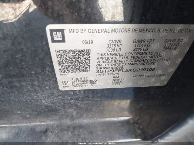 44921122 :رقم المزاد ، 3GTP9EEL5KG239109 vin ، 2019 Gmc Sierra 1500 At4 مزاد بيع