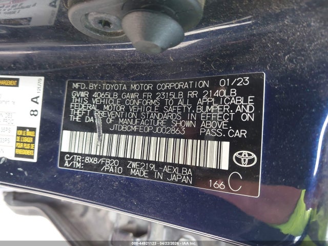 JTDBCMFE0PJ002863 Toyota Corolla Hybrid Le