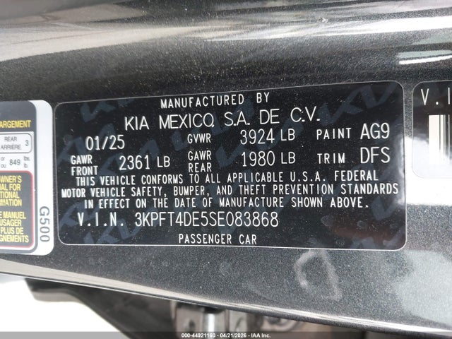 44921160 :رقم المزاد ، 3KPFT4DE5SE083868 vin ، 2025 Kia K4 Lxs مزاد بيع