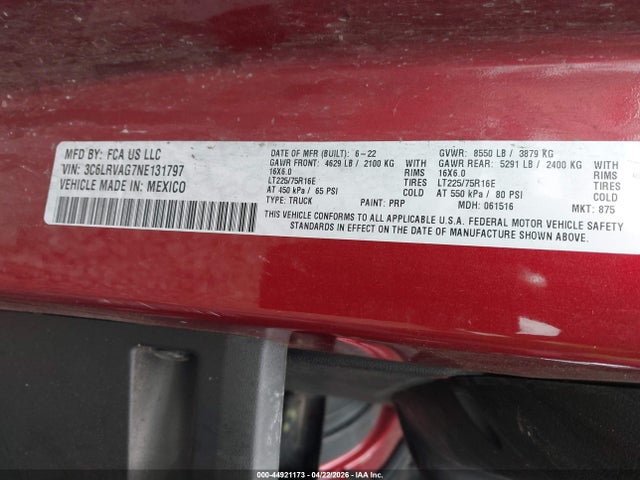 44921173 :رقم المزاد ، 3C6LRVAG7NE131797 vin ، 2023 Ram Promaster 1500 مزاد بيع