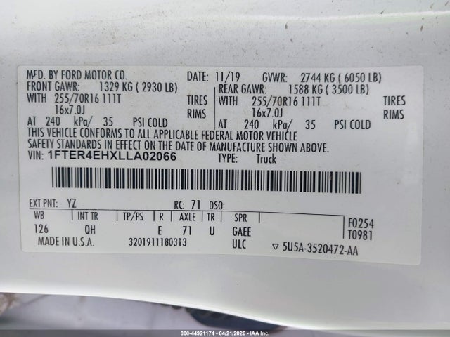 Ford RANGER XL 2020 1FTER4EHXLLA02066 Image 9