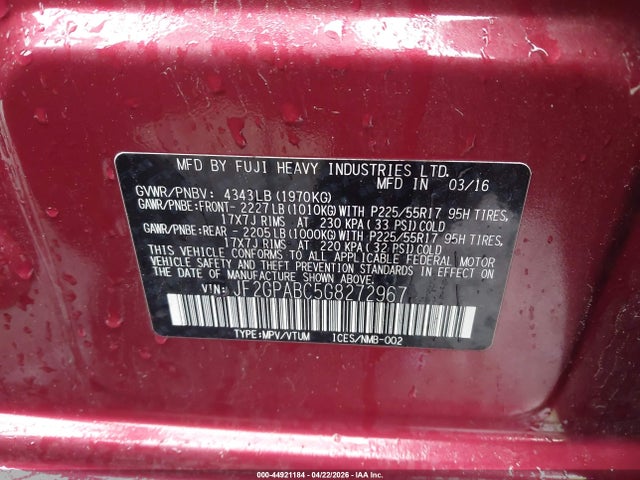 44921184 :رقم المزاد ، JF2GPABC5G8272967 vin ، 2016 Subaru Crosstrek 2.0i Premium مزاد بيع