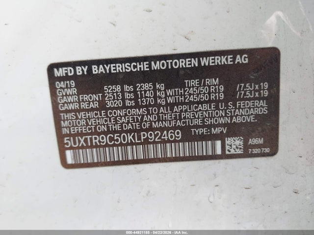 Продаж на аукціоні авто 2019 Bmw X3 Xdrive30i, vin: 5UXTR9C50KLP92469, номер лоту: 44921185