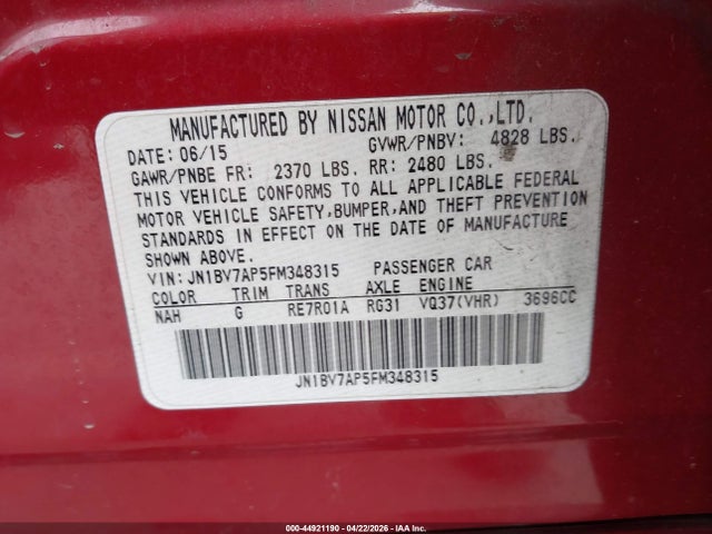 JN1BV7AP5FM348315 Infiniti Q50