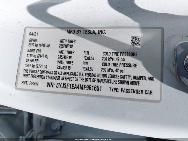 Aukcja sprzedaży 2021 Tesla Model 3 Standard Range Plus Rear-wheel Drive, vin: 5YJ3E1EA4MF961651, numer aukcji: 44921192