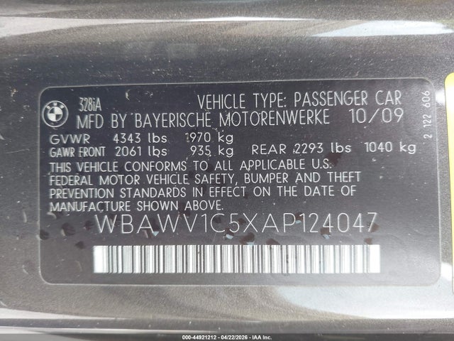 Aukcja sprzedaży 2010 Bmw 328i, vin: WBAWV1C5XAP124047, numer aukcji: 44921212