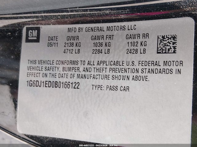 44921222 :رقم المزاد ، 1G6DJ1ED0B0166122 vin ، 2011 Cadillac Cts Performance مزاد بيع