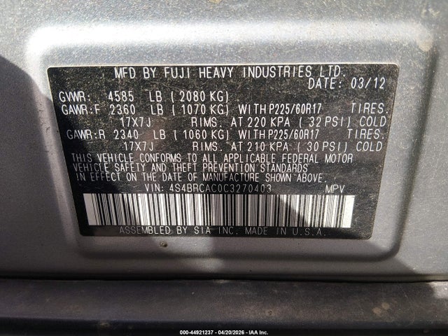 Aukcja sprzedaży 2012 Subaru Outback 2.5i, vin: 4S4BRCAC0C3270403, numer aukcji: 44921237