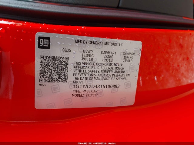 Продажа на аукционе авто 2026 Chevrolet Corvette Stingray , 1lt, Rwd, vin: 1G1YA2D43T5100893, номер лота: 44921241