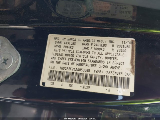 44921253 :رقم المزاد ، 1HGCP2F74AA050065 vin ، 2010 Honda Accord 2.4 Ex مزاد بيع