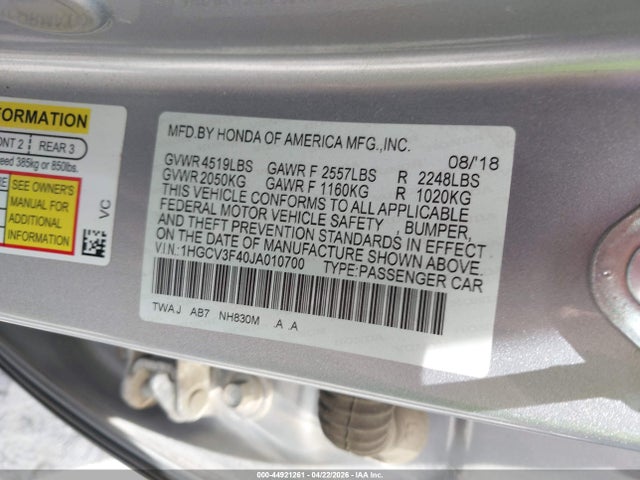 Aukcja sprzedaży 2018 Honda Accord Hybrid Ex, vin: 1HGCV3F40JA010700, numer aukcji: 44921261