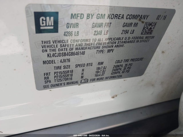 44921268 :رقم المزاد ، KL4CJDSB4GB646148 vin ، 2016 Buick Encore Premium مزاد بيع