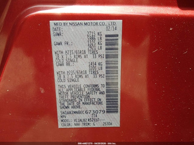 5N1AR2MN8EC673079 Nissan Pathfinder S