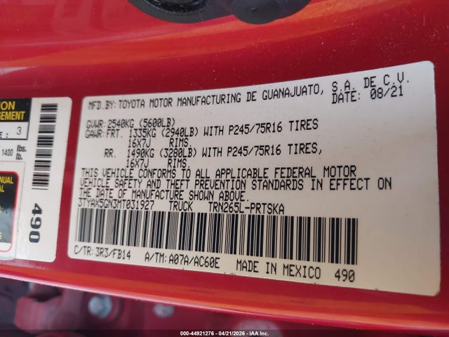 3TYAX5GN3MT031927 Toyota Tacoma Sr