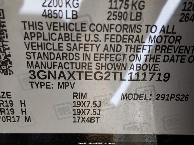 Aukcja sprzedaży 2026 Chevrolet Equinox Awd Rs, vin: 3GNAXTEG2TL111719, numer aukcji: 44921279