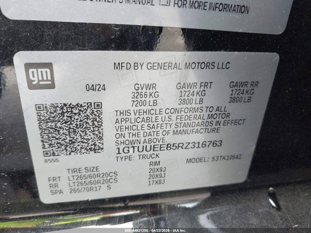 Продаж на аукціоні авто 2024 Gmc Sierra 1500, vin: 1GTUUEE85RZ316763, номер лоту: 44921290