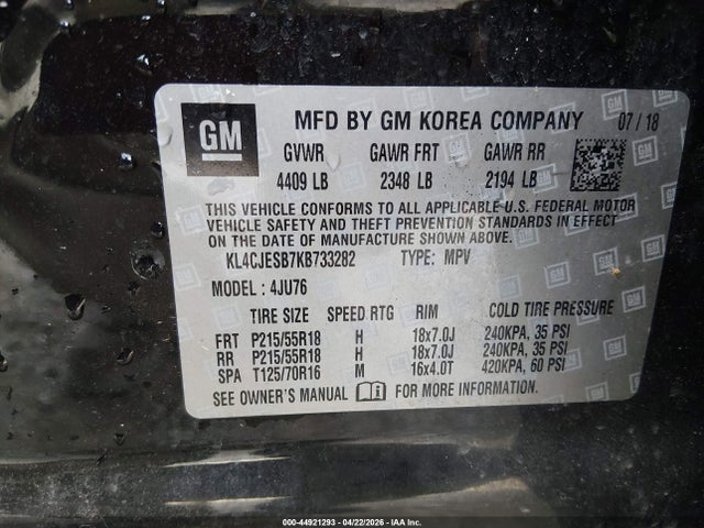 44921293 :رقم المزاد ، KL4CJESB7KB733282 vin ، 2019 Buick Encore Awd Preferred مزاد بيع