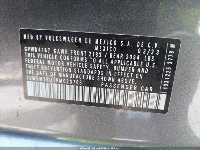 Aukcja sprzedaży 2023 Volkswagen Jetta 1.5t S, vin: 3VW5M7BU1PM023763, numer aukcji: 44921307