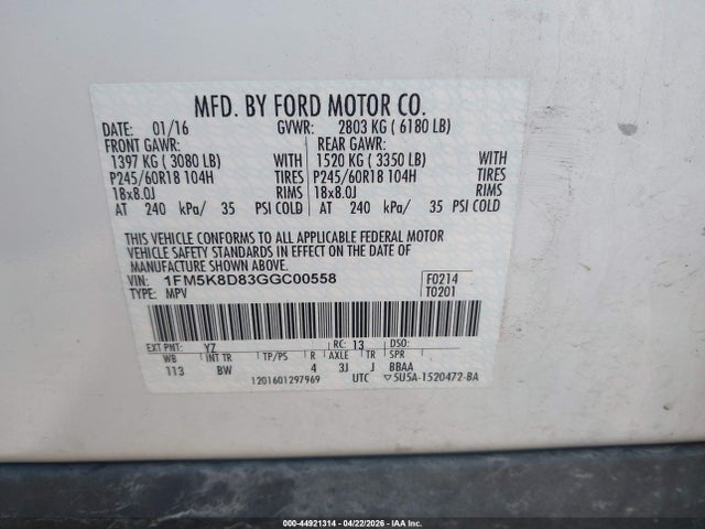 Aukcja sprzedaży 2016 Ford Explorer Xlt, vin: 1FM5K8D83GGC00558, numer aukcji: 44921314