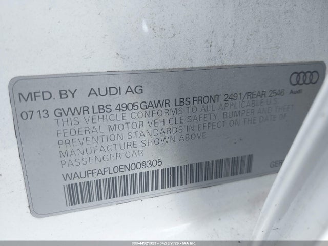 2014 Audi A4 2.0t Premium მანქანა იყიდება აუქციონზე, vin: WAUFFAFL0EN009305, აუქციონის ნომერი: 44921323