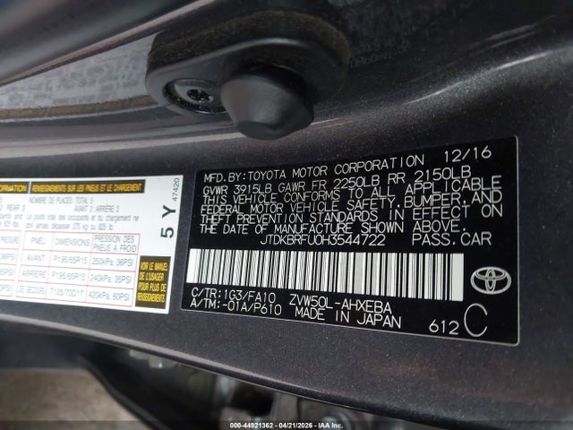 JTDKBRFU0H3544722 Toyota Prius Two