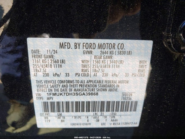 44921375 :رقم المزاد ، 1FMUK7DH3SGA39868 vin ، 2025 Ford Explorer Active مزاد بيع