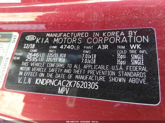 2019 Kia Sportage Ex მანქანა იყიდება აუქციონზე, vin: KNDPNCAC2K7620305, აუქციონის ნომერი: 44921379