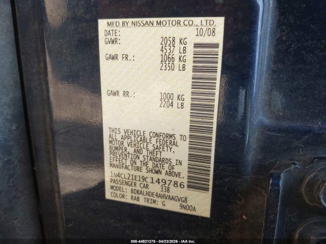 Aukcja sprzedaży 2009 Nissan Altima Hybrid, vin: 1N4CL21E19C149786, numer aukcji: 44921378