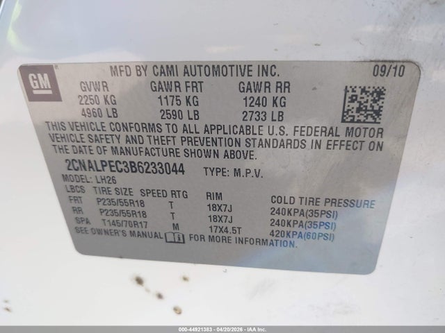 2011 Chevrolet Equinox 2lt მანქანა იყიდება აუქციონზე, vin: 2CNALPEC3B6233044, აუქციონის ნომერი: 44921383