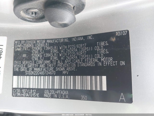 Aukcja sprzedaży 2008 Toyota Sienna Xle, vin: 5TDZK22C48S134670, numer aukcji: 44921430