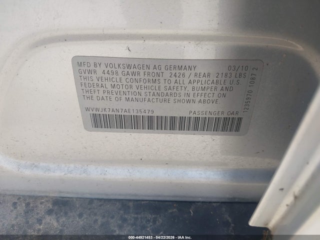 44921453 :رقم المزاد ، WVWJK7AN7AE135479 vin ، 2010 Volkswagen Passat Komfort مزاد بيع
