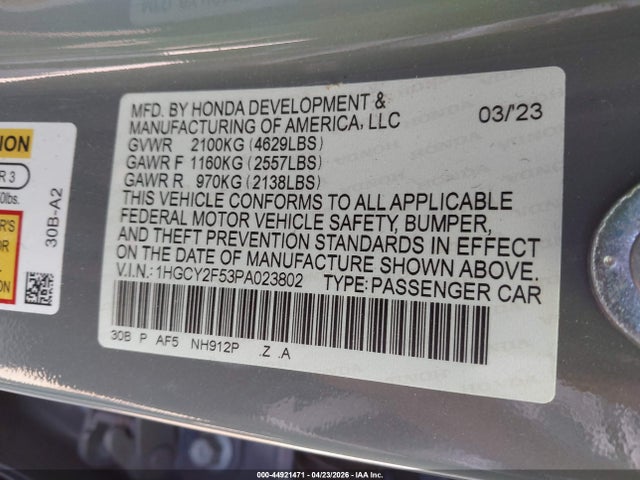 Продаж на аукціоні авто 2023 Honda Accord Hybrid Sport, vin: 1HGCY2F53PA023802, номер лоту: 44921471