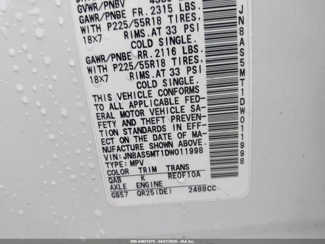 2013 Nissan Rogue Sv W/sl Pkg მანქანა იყიდება აუქციონზე, vin: JN8AS5MT1DW011998, აუქციონის ნომერი: 44921475