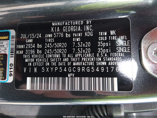 Aukcja sprzedaży 2024 Kia Telluride Sx, vin: 5XYP54GC9RG549176, numer aukcji: 44921484