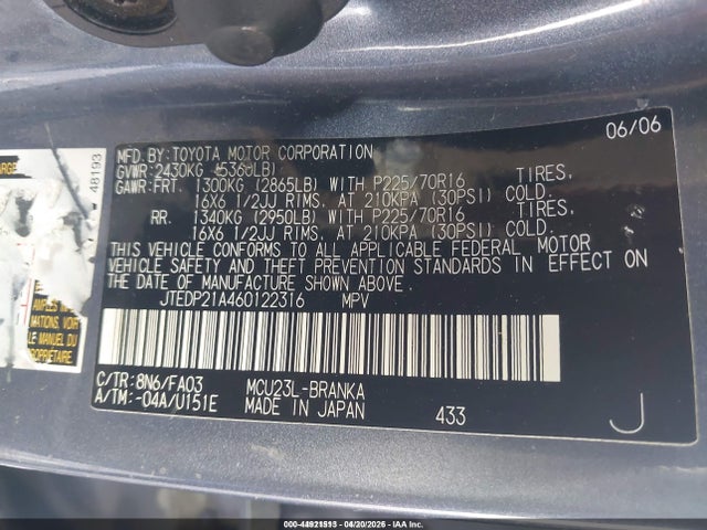 Aukcja sprzedaży 2006 Toyota Highlander V6, vin: JTEDP21A460122316, numer aukcji: 44921513