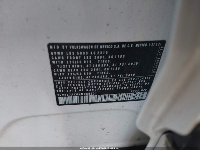 Aukcja sprzedaży 2022 Volkswagen Tiguan 2.0t Se R-line Black, vin: 3VV8B7AX0NM086501, numer aukcji: 44921524