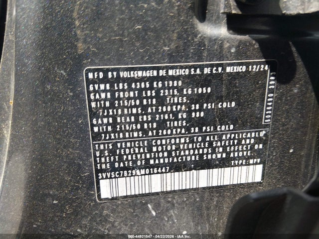 Aukcja sprzedaży 2025 Volkswagen Taos 1.5t Se, vin: 3VVSC7B29SM016447, numer aukcji: 44921547