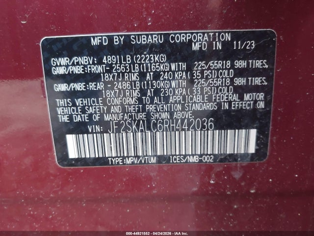 Aukcja sprzedaży 2024 Subaru Forester Limited, vin: JF2SKALC6RH442036, numer aukcji: 44921552