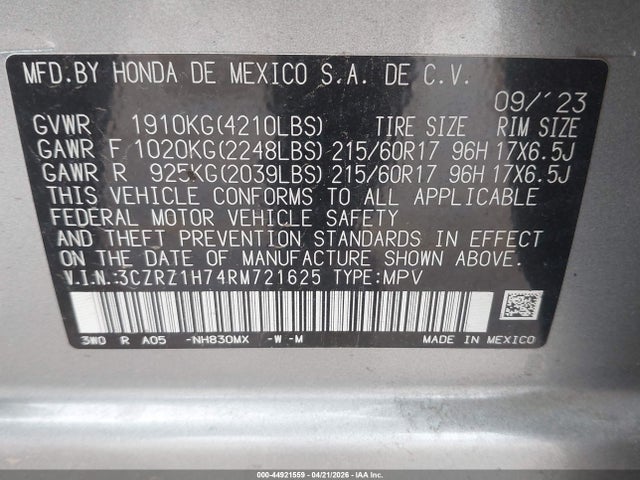 3CZRZ1H74RM721625 Honda Hr-v 2wd Ex-l/2wd Ex-l W/o Bsi