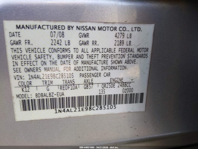 Aukcja sprzedaży 2008 Nissan Altima 2.5 S, vin: 1N4AL21E98C285105, numer aukcji: 44921560