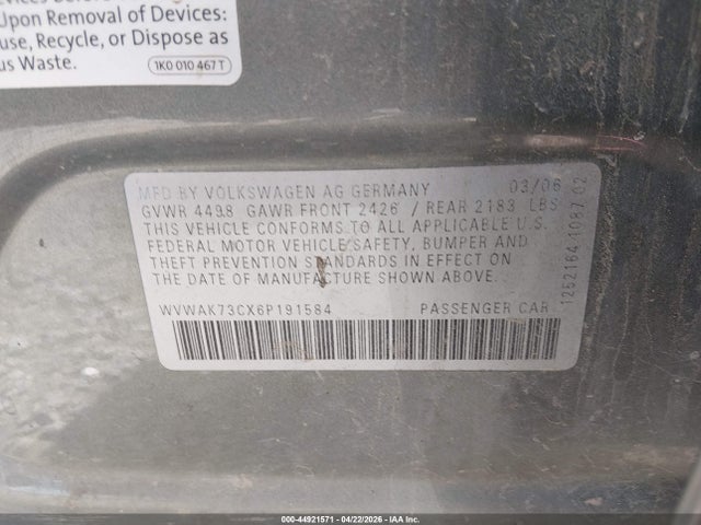 Aukcja sprzedaży 2006 Volkswagen Passat Value Edition, vin: WVWAK73CX6P191584, numer aukcji: 44921571