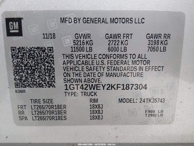 44921586 :رقم المزاد ، 1GT42WEY2KF187304 vin ، 2019 Gmc Sierra 3500hd Denali مزاد بيع