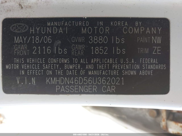 Продаж на аукціоні авто 2006 Hyundai Elantra Gls/limited, vin: KMHDN46D56U362021, номер лоту: 44921590