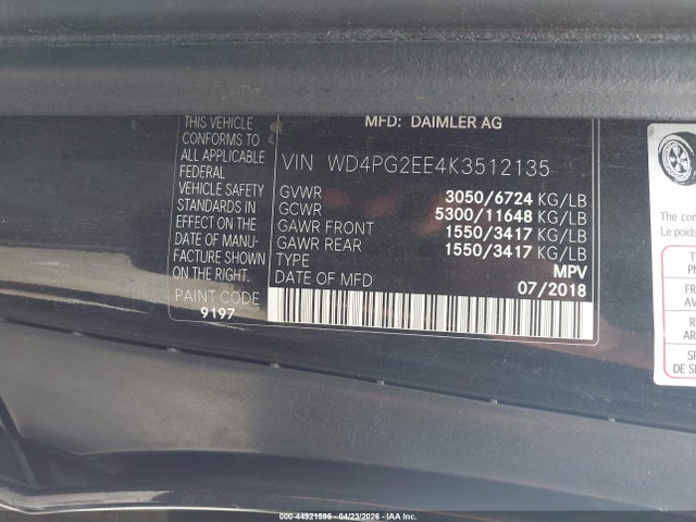 44921595 :رقم المزاد ، WD4PG2EE4K3512135 vin ، 2019 Mercedes-benz Metris مزاد بيع