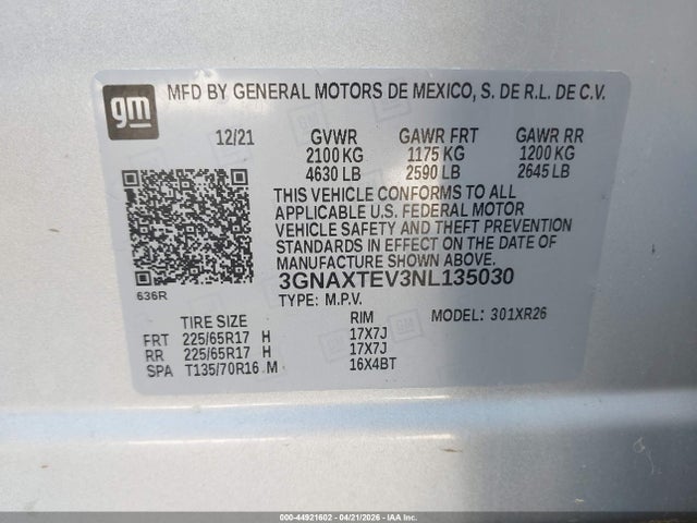 2022 Chevrolet Equinox Awd 2fl მანქანა იყიდება აუქციონზე, vin: 3GNAXTEV3NL135030, აუქციონის ნომერი: 44921602