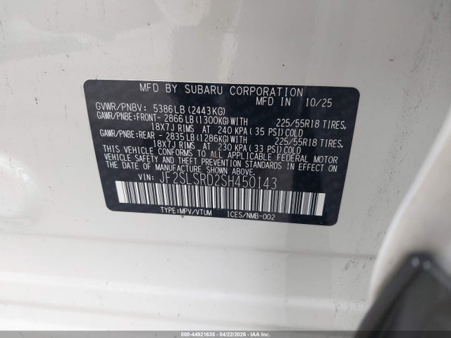 Продаж на аукціоні авто 2025 Subaru Forester Limited Hybrid, vin: JF2SLSRD2SH450143, номер лоту: 44921635