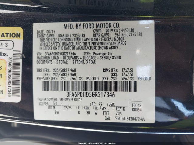 Ford FUSION SE 2016 3FA6P0HD5GR217346 Image 9